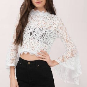 LADY LACE WHITE Crop TOP Sheer Lace BoHo Bell Long Sleeves Size Small